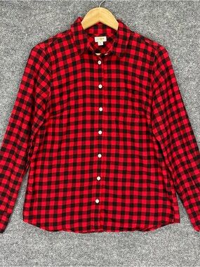J Crew Flannel Shirt Women’s M Red Black Buffalo Check Cotton Long Sleeve